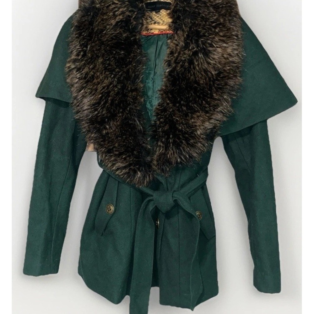 Steve Madden Green Wool Capelet Jacket Removable Faux Fur Collar Belted Sz M